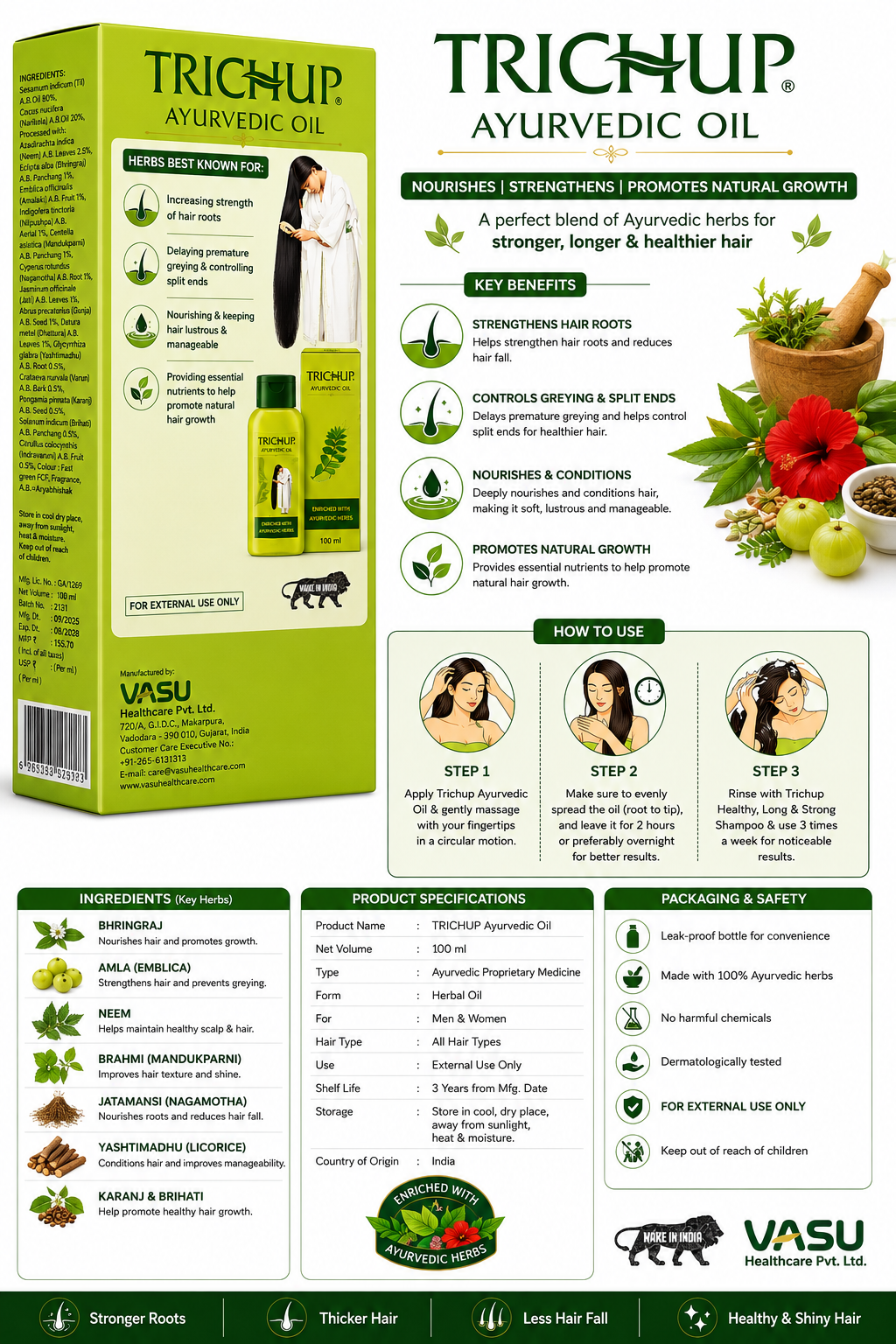Trichup Ayurvedic Hair Oil – Herbal Hair Growth Oil with Bhringraj, Amla, Neem, Aloe Vera & Brahmi, Nourishing Hair Care Oil for Strong, Healthy & Shiny Hair, 100 ml