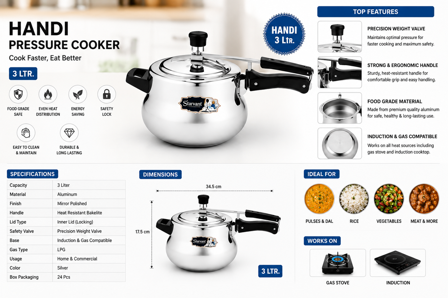 Starvant Handi Pressure Cooker 3 Litre | Aluminium Inner Lid Pressure Cooker | Induction & Gas Compatible | Mirror Finish | Precision Weight Valve | Silver