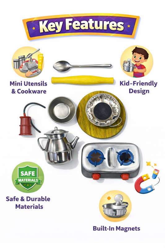 Kids Kitchen Toy Set with Mini Utensils & Cookware, Stainless Steel Pretend Play Cooking Set with Stove & Accessories, Role Play Toys for Boys & Girls (Ages 3+)