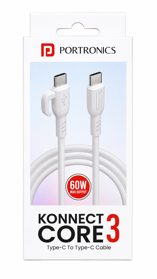 Portronics Konnect Core 3 Type C to Type C Cable, 60W Fast Charging USB C Cable, 480Mbps High-Speed Data Transfer, Reinforced Connectors, Tangle-Free 1 Meter Cable for Smartphones, Tablets & Laptops