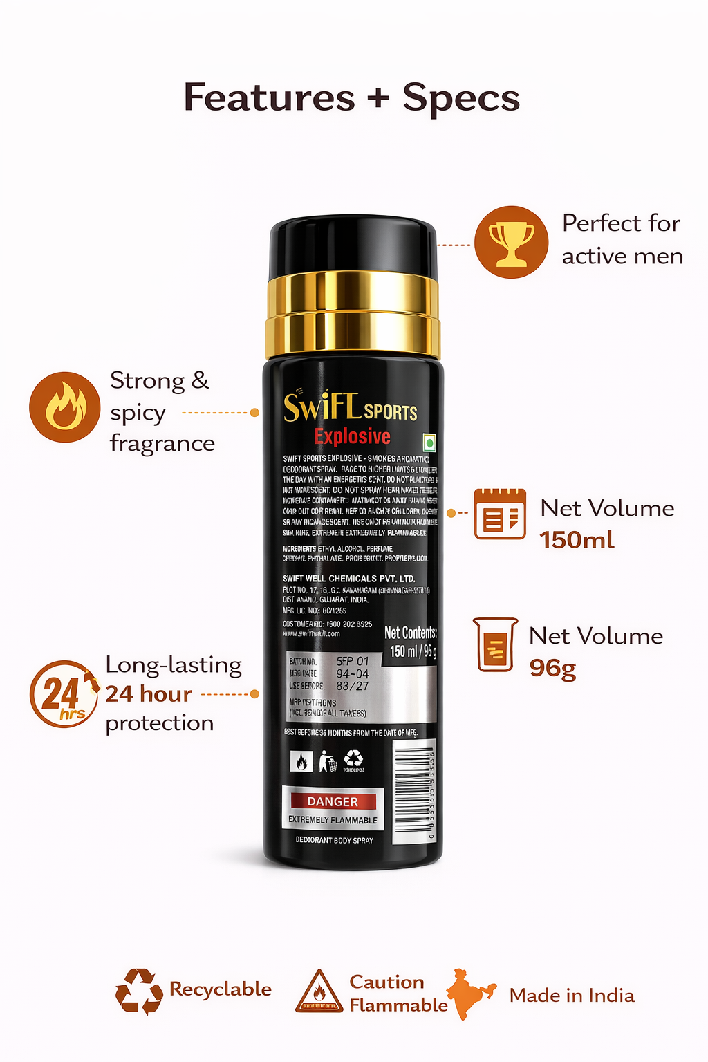 Swift Sports Dynamite Body Deodorant for Men, 200ml | Bold Spicy Fragrance | High-Performance Odour Protection