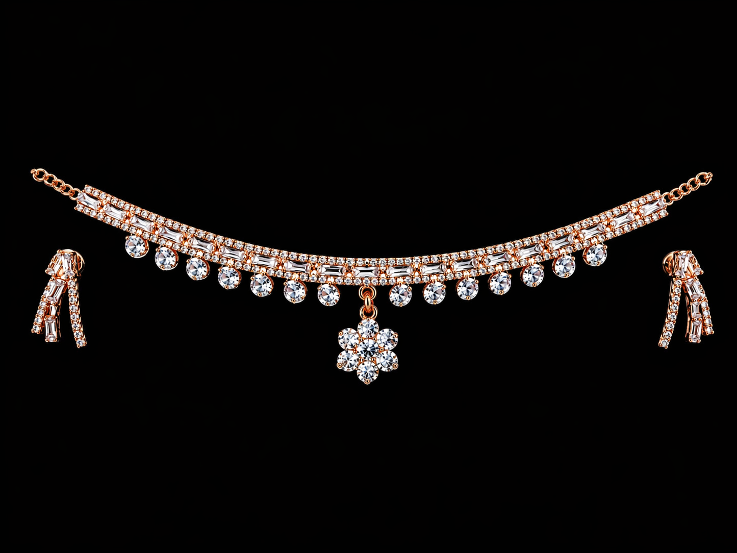 Harmal Store Elegant Rose Gold Jewelry Set – Premium Cubic Zirconia Floral Necklace with Matching Tassel Earrings for Weddings, Anniversaries, and Special Occasions