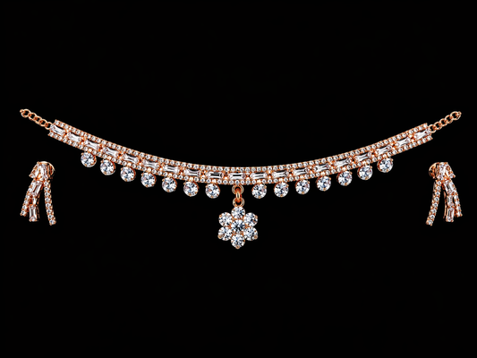 Harmal Store Elegant Rose Gold Jewelry Set – Premium Cubic Zirconia Floral Necklace with Matching Tassel Earrings for Weddings, Anniversaries, and Special Occasions