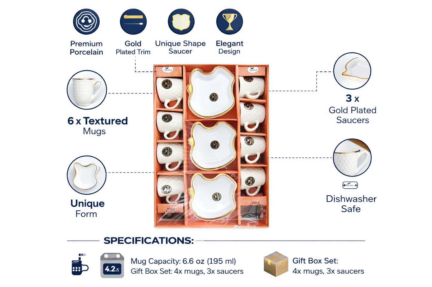 Premium Porcelain Coffee Mug Set with Gold Trim (7 Pieces) – 6 Textured Cups + 3 Designer Saucers | 195 ml Tea Cup Set | Elegant Dinnerware Gift Set | Dishwasher Safe
