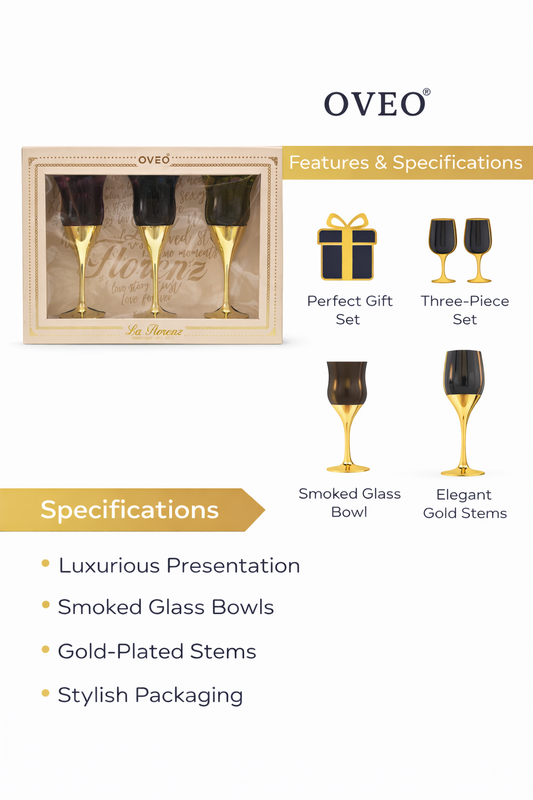 OVEO La Florenz Smoked Glass Goblet Set, 3-Piece Premium Wine Glass Gift Set with Gold-Plated Stems