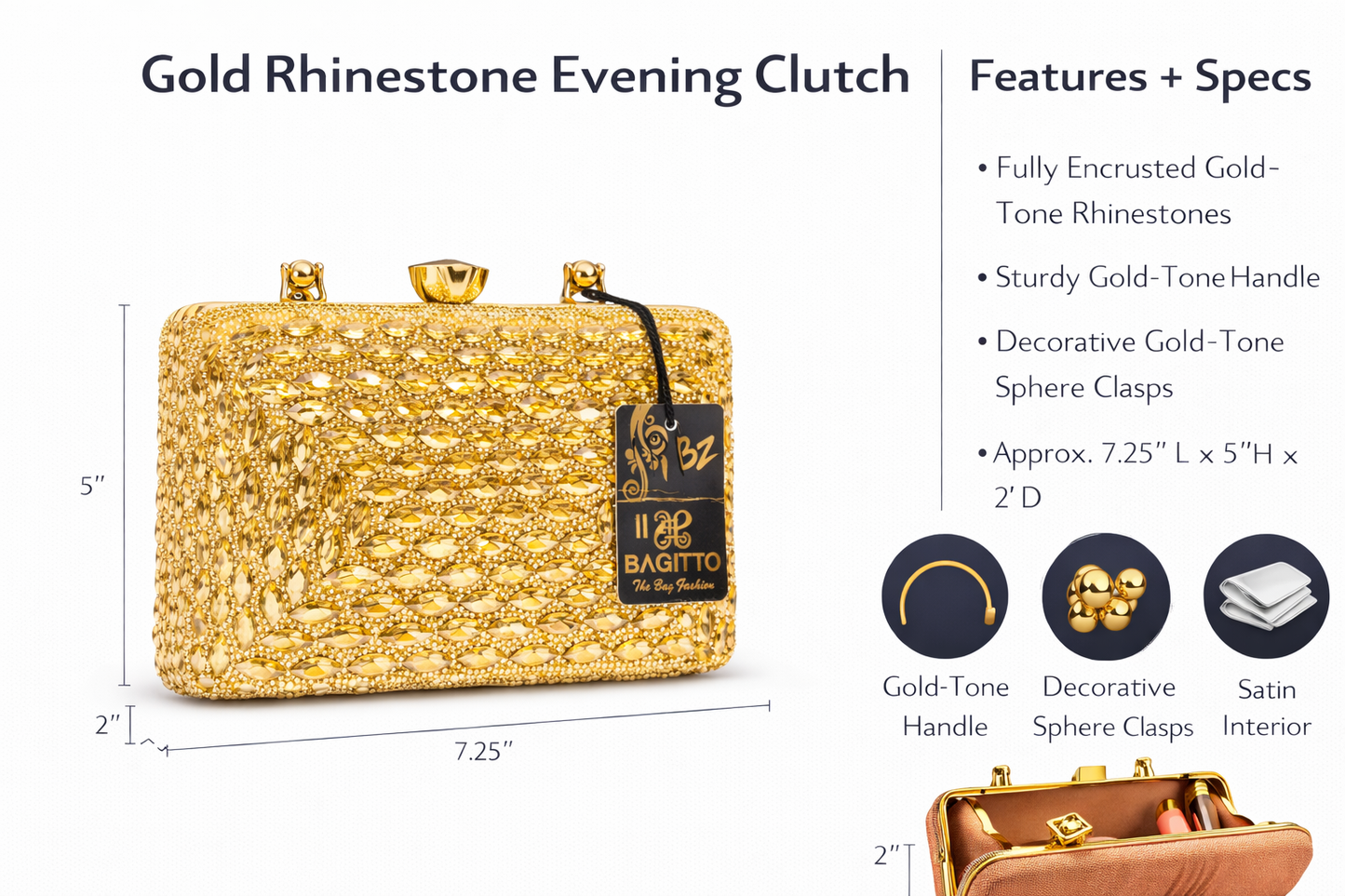 Gold Rhinestone Evening Clutch for Women | Luxury Crystal Party Handbag with Gold-Tone Handle, Sphere Clasp & Satin Interior