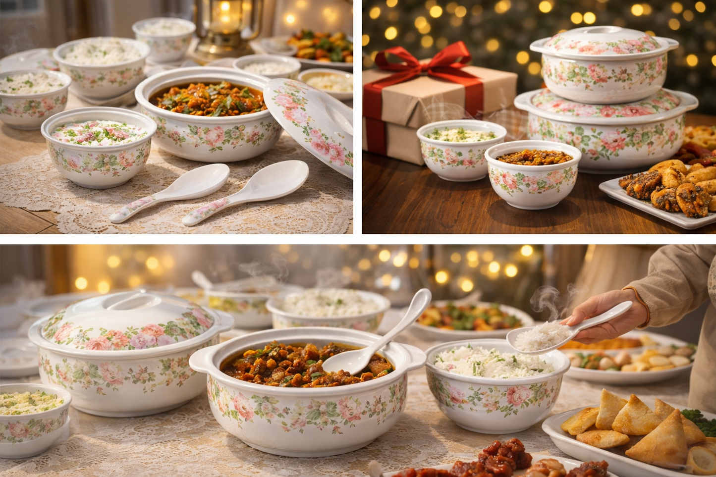 14-Piece Melamine Bowl Set with Lids & Serving Spoons | Floral Design Serving Bowls Set