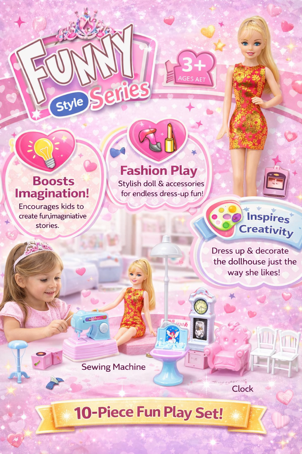 Funny Style Series 10-Piece Fashion Doll Play Set for Girls Ages 3+ | Includes Stylish Doll, Sewing Machine, & Dollhouse Furniture