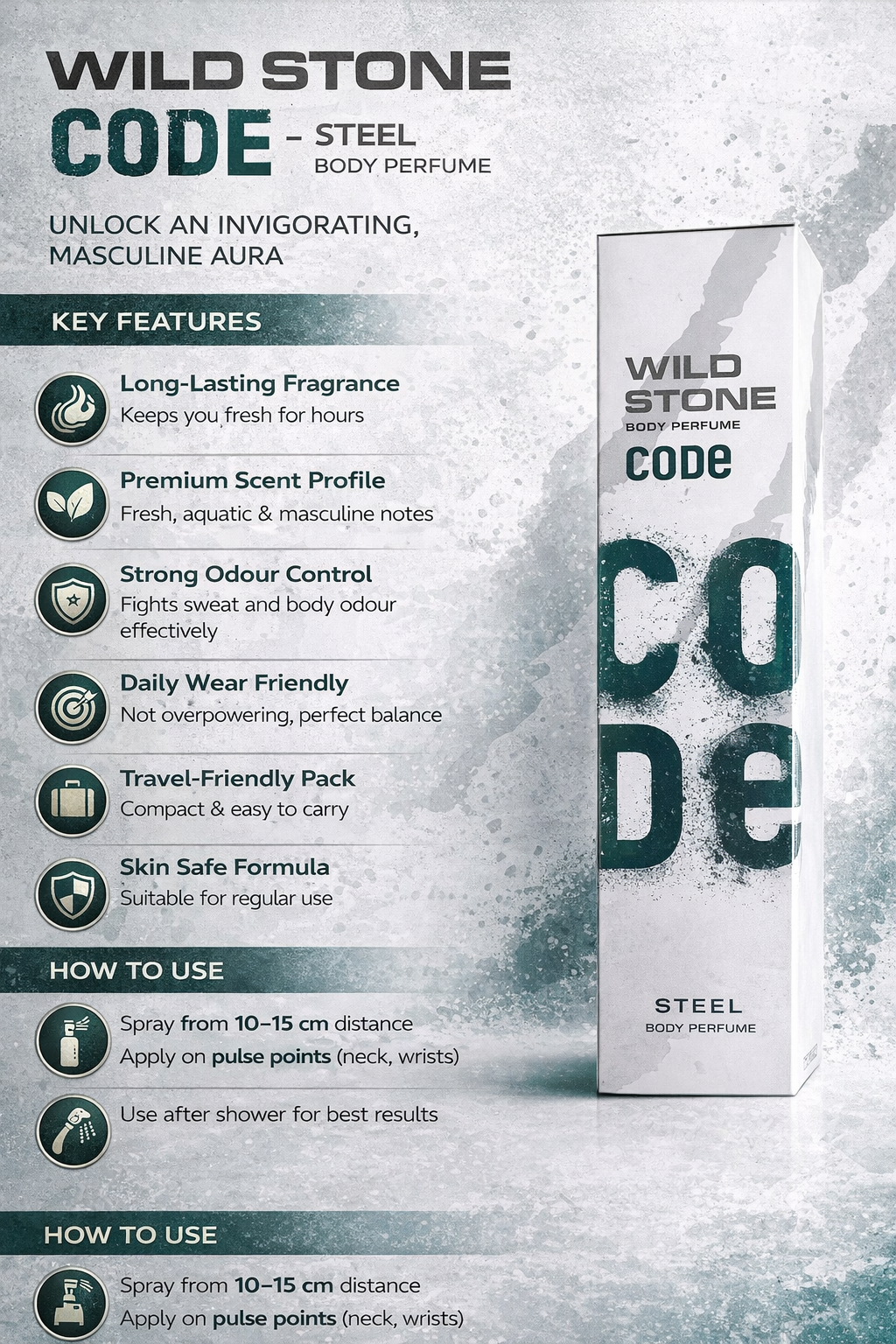 Wild Stone CODE Steel Body Perfume for Men | Long Lasting Luxury Fragrance | Fresh, Aquatic & Masculine Notes | Premium No Gas Deo for Daily Wear | 120ml