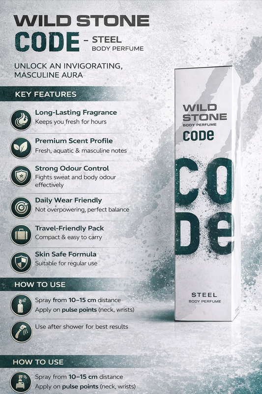 Wild Stone CODE Steel Body Perfume for Men | Long Lasting Luxury Fragrance | Fresh, Aquatic & Masculine Notes | Premium No Gas Deo for Daily Wear | 120ml