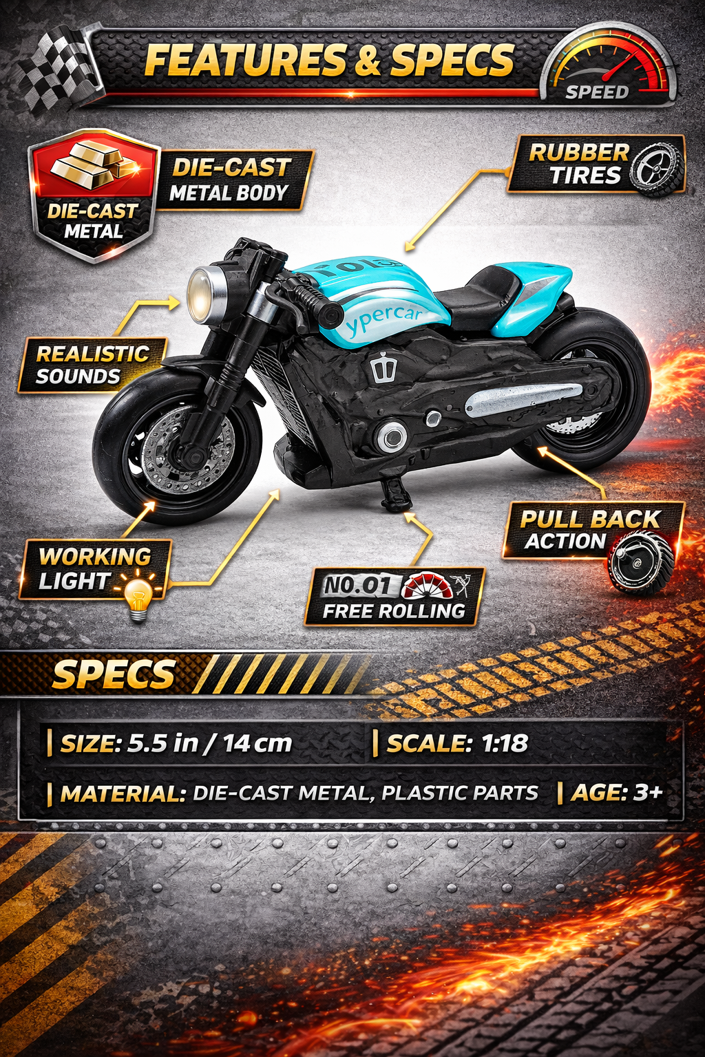Die-Cast Metal Toy Bike for Kids | Pull Back Motorcycle Model with Light & Sound | 1:18 Scale Mini Bike | Realistic Design with Rubber Tires | Kids Toy Vehicle (3+ Years)