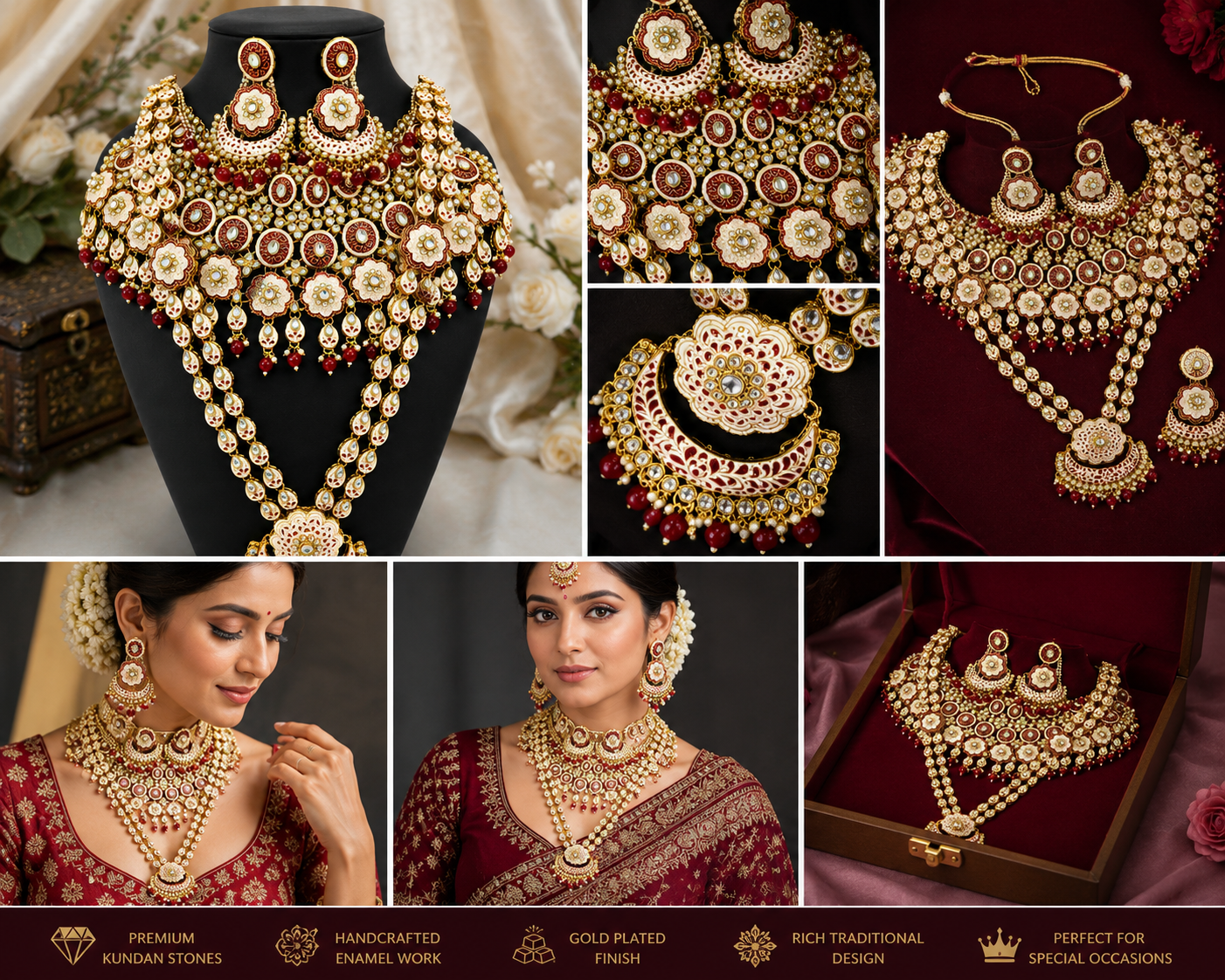 Royal Kundan Heritage Necklace Set for Women | Bridal Kundan Jewelry with Earrings | Traditional Indian Wedding Necklace Set with Pearl & Red Bead Work