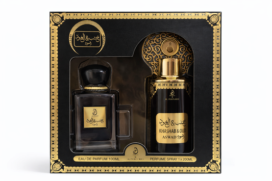 Khashab & Oud Aswad Perfume Gift Set – 100ml Eau de Parfum + 200ml Perfume Spray – Luxury Woody Oriental Fragrance for Men & Women – Oud, Sandalwood & Spicy Notes – Premium Gift Set UAE