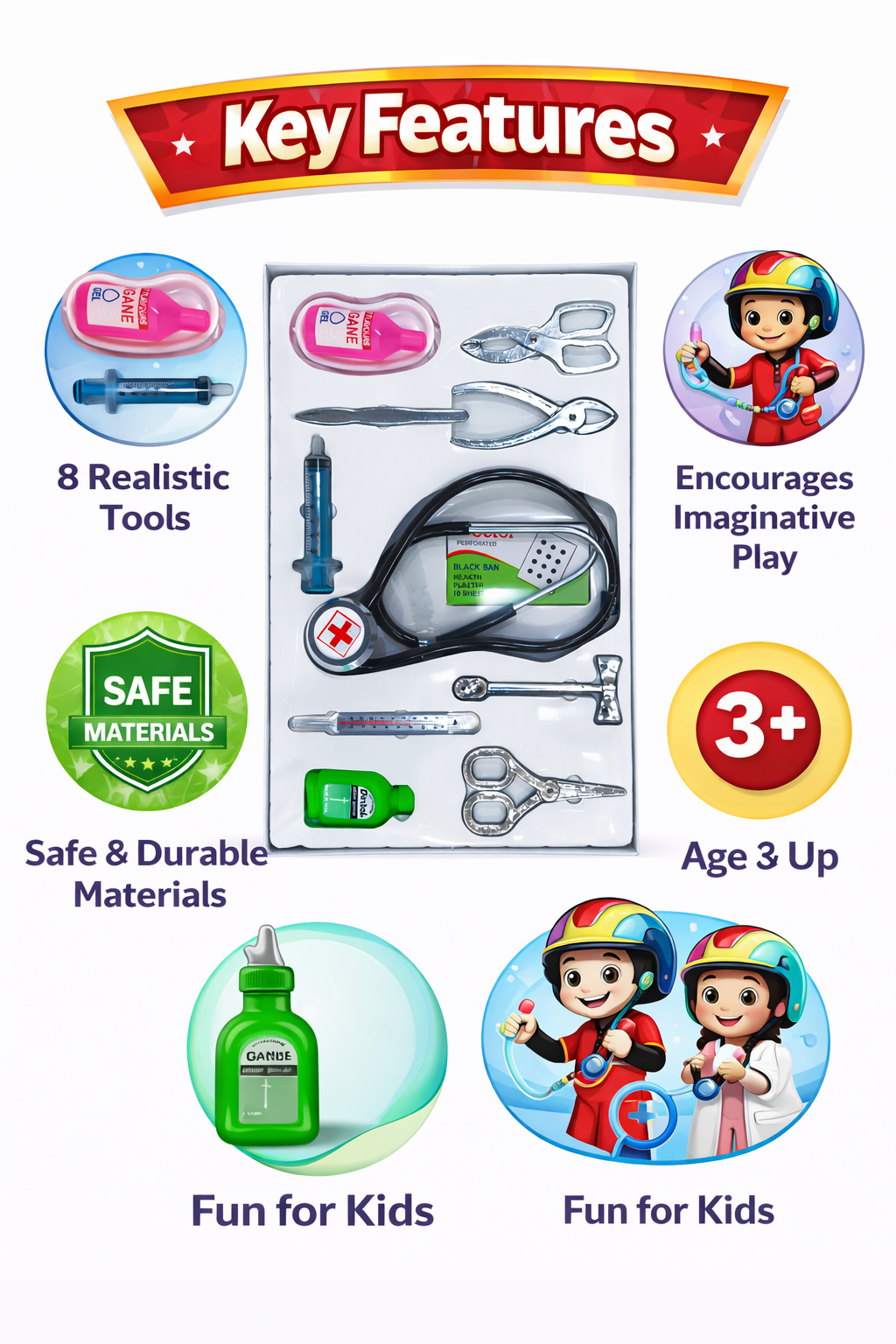 Doctor Play Set for Kids (8 Pieces), Medical Kit Toy with Stethoscope, Syringe & Tools, Pretend Doctor Set for Boys & Girls (Ages 3+)