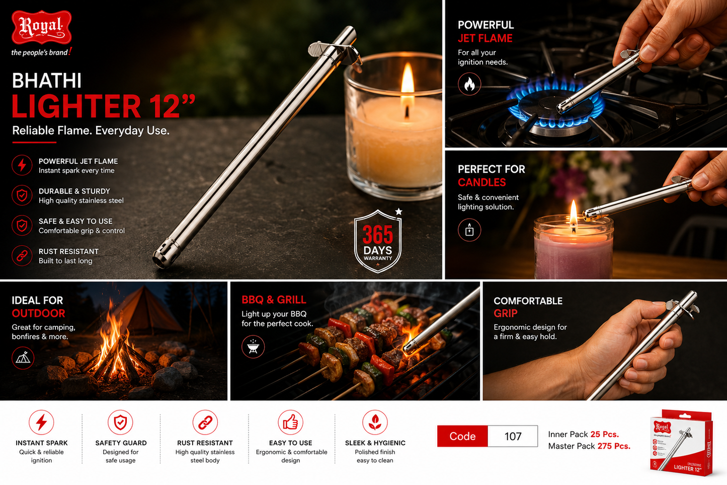 Royal Bhathi Gas Lighter 12 Inch, Stainless Steel Kitchen Gas Lighter with Jet Flame, Manual Long Handle Stove Lighter for Gas Stove, Candle, BBQ, Fireplace & Camping, Silver