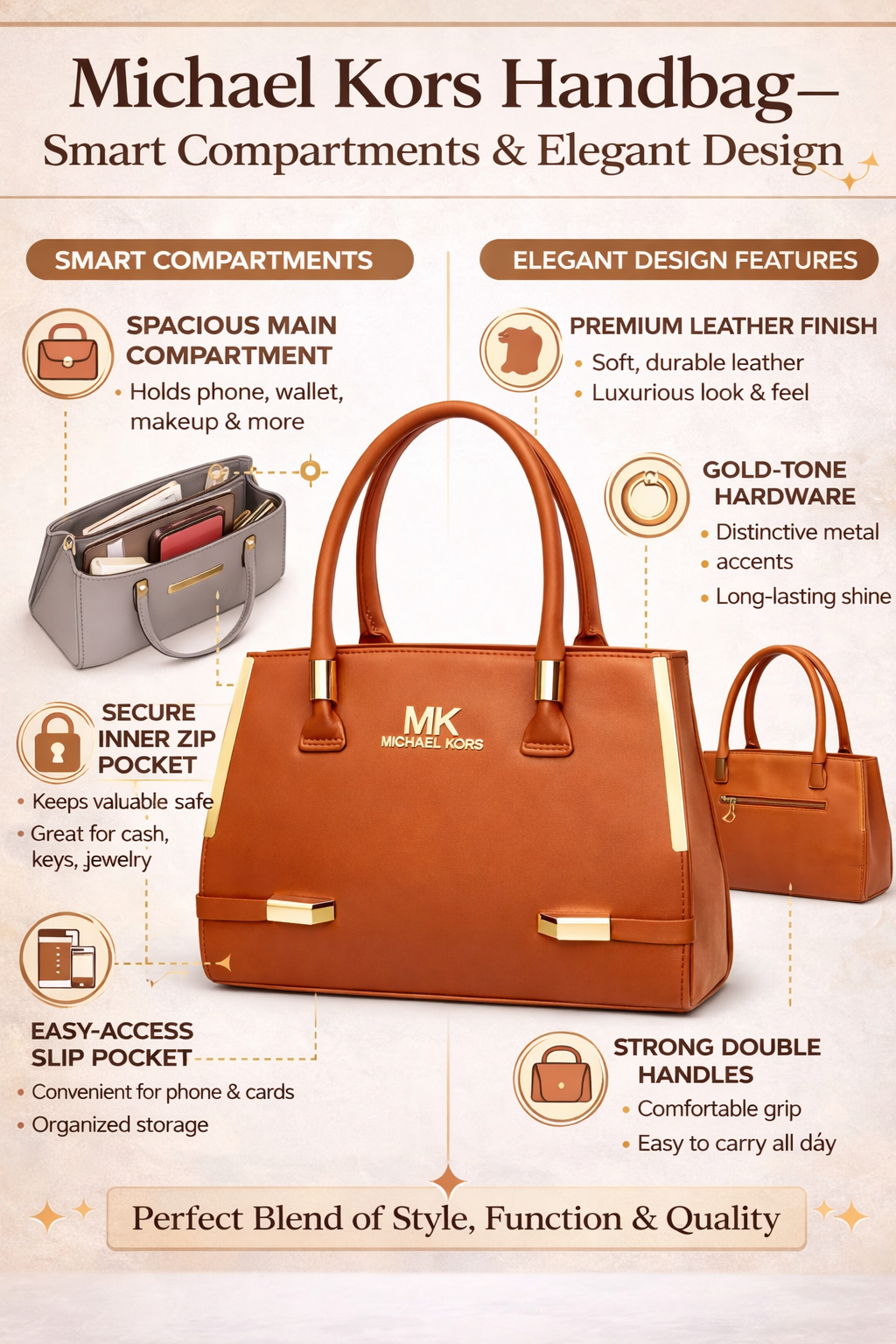 Luxury Brown Leather Handbag for Women | Premium Structured Tote Bag with Gold Tone Hardware