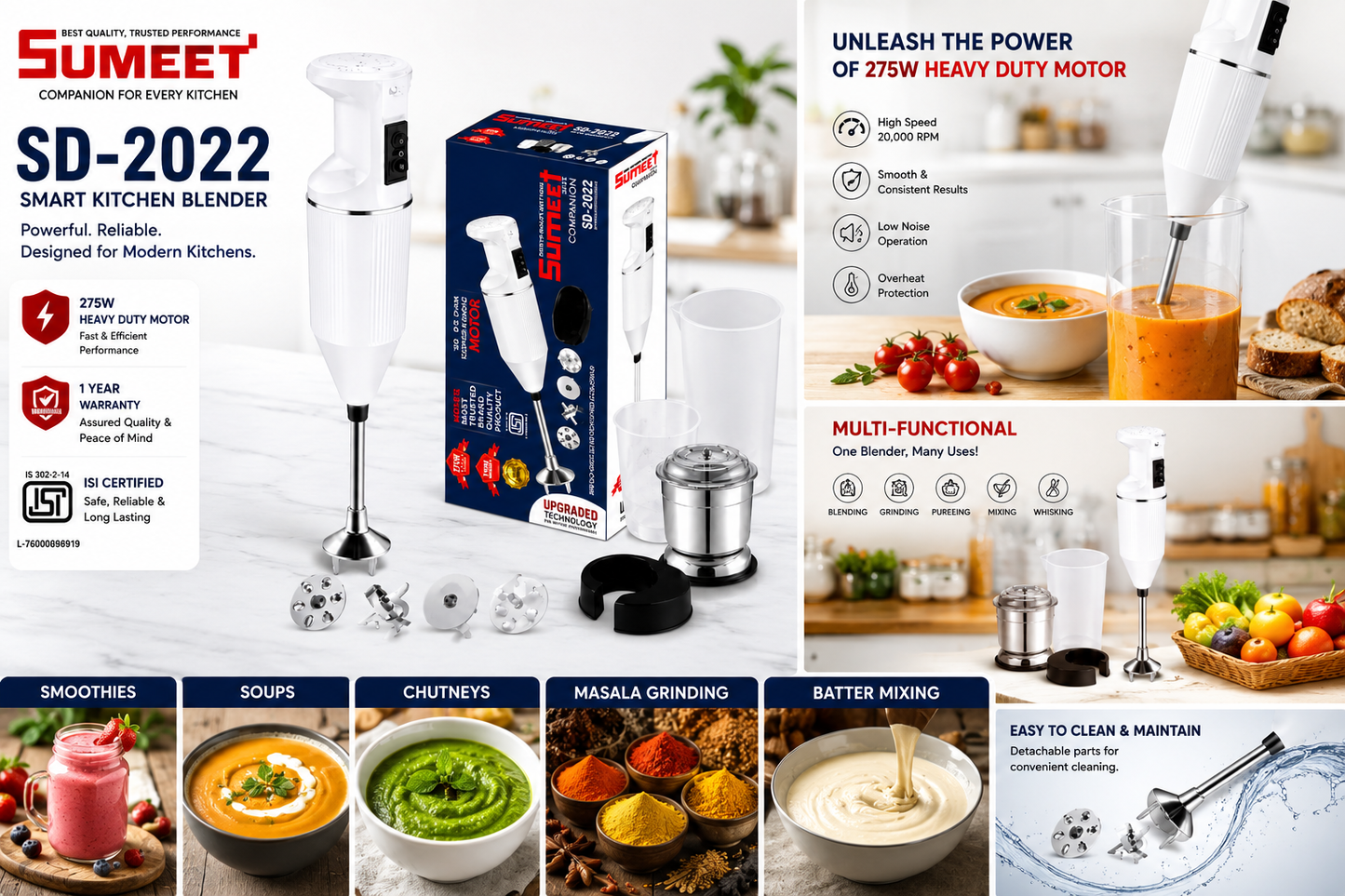 Sumeet SD-2022 Smart Kitchen Blender 275W | Hand Blender with Stainless Steel Blending Shaft | 4 Interchangeable Blades | Grinder Jar, Beaker & Measuring Cup Included | ISI Certified | 1 Year Warranty