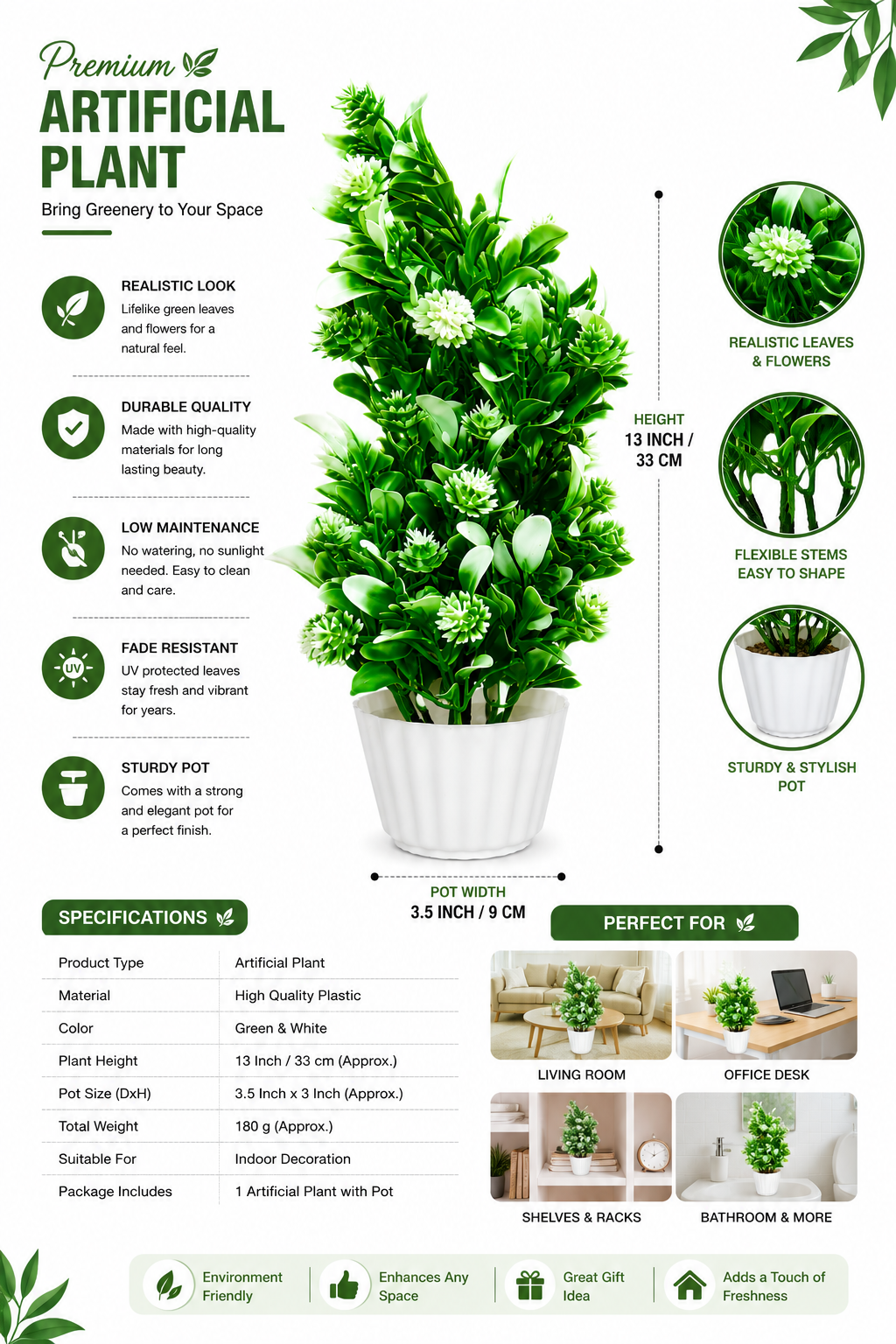 Artificial Plant with Pot for Home Decor, Green & White Faux Flower Plant, Decorative Indoor Plant for Living Room, Bedroom, Office Desk, Table, Shelf & Bathroom, 13 Inch