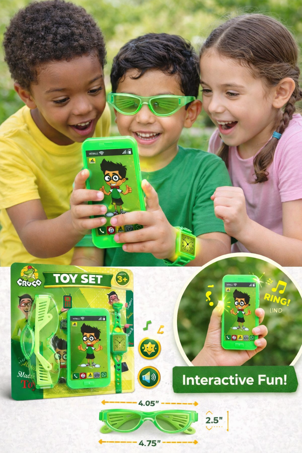 Kids Toy Smartphone Set with Watch & Sunglasses, Sound & Light Mobile Toy for Kids, Educational Role Play Toy Gift for Boys & Girls Age 3+ (Green)
