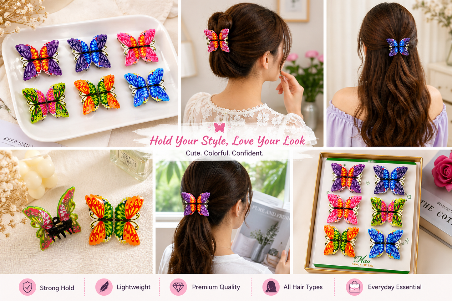 Harmal Store Butterfly Hair Claw Clips – 6-Piece Vibrant Set with Strong Spring and Premium Acrylic Finish – Lightweight Non-Slip Hair Accessories for Women and Girls
