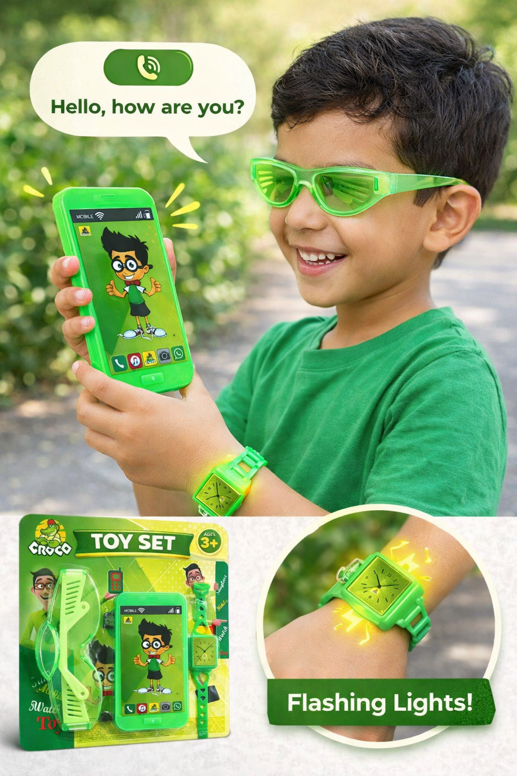 Kids Toy Smartphone Set with Watch & Sunglasses, Sound & Light Mobile Toy for Kids, Educational Role Play Toy Gift for Boys & Girls Age 3+ (Green)