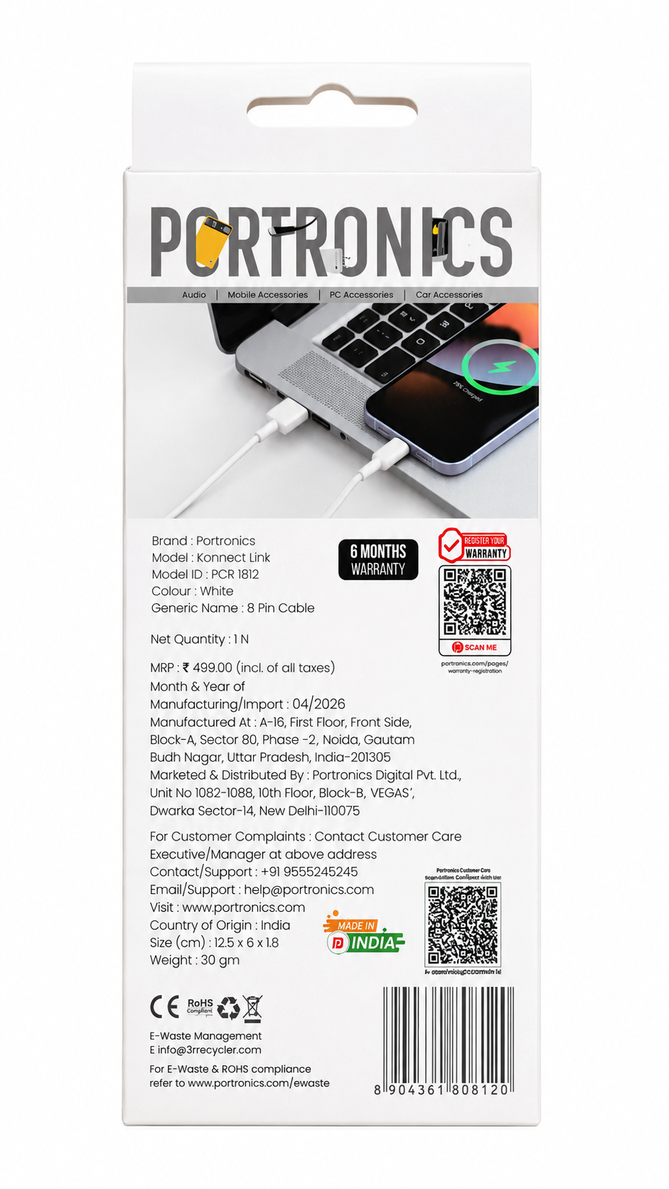 Portronics Konnect Link USB-A to 8 Pin Cable, 1 Meter, 2.4A Fast Charging, 480Mbps High-Speed Data Sync, Tangle-Free Durable Cable for iPhone, iPad, AirPods, Power Bank & Compatible 8-Pin Devices, White