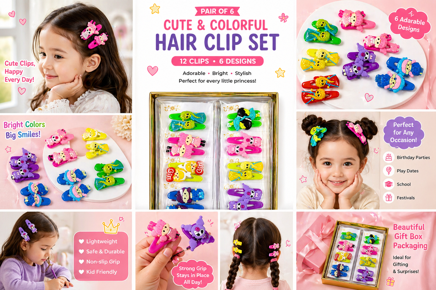Harmal Store Cute & Colorful Hair Clip Set for Girls – 12-Piece Snap Clip Collection (6 Adorable Pairs) in Premium Gift Box