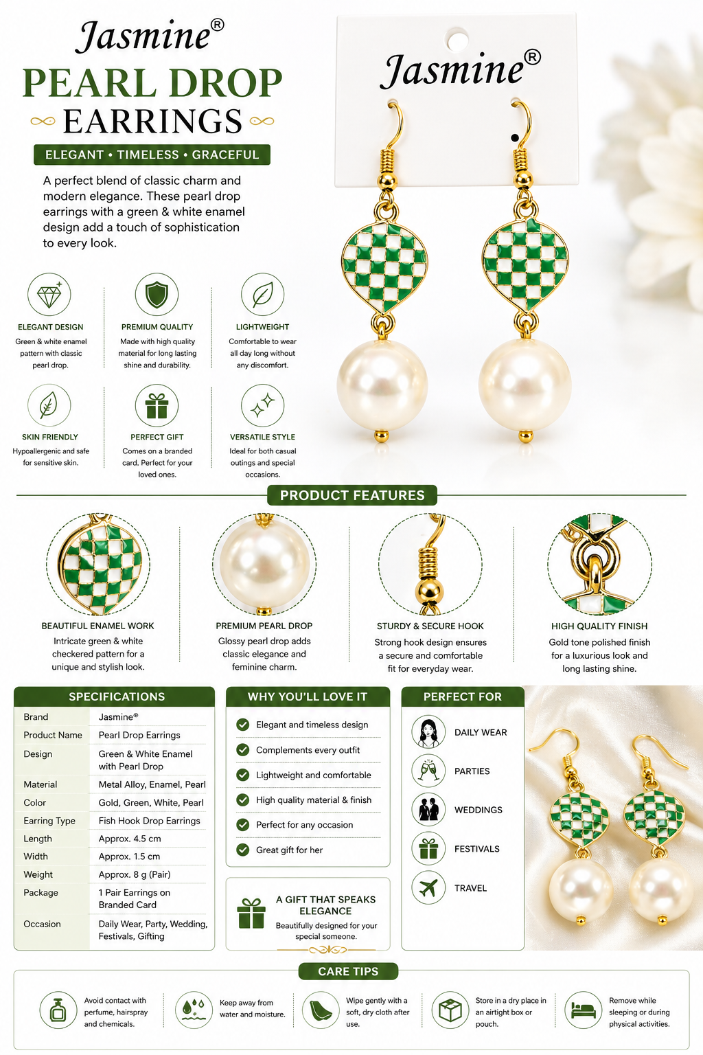 Jasmine Pearl Drop Earrings for Women, Green & White Enamel Gold Tone Dangle Earrings, Lightweight Fish Hook Earrings