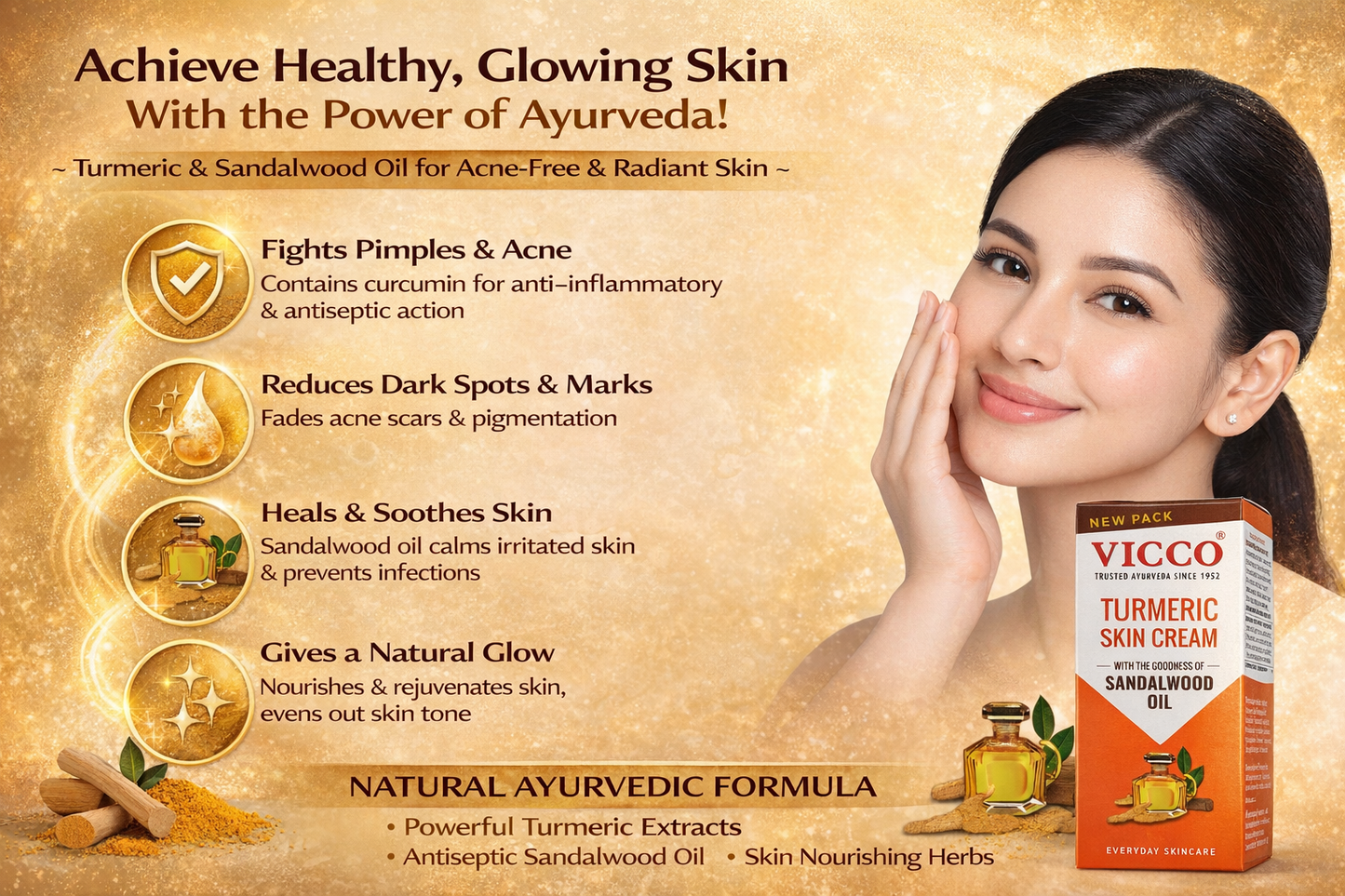 Vicco Turmeric Skin Cream with Sandalwood Oil | Ayurvedic Face Cream for Pimples, Acne Marks & Glowing Skin