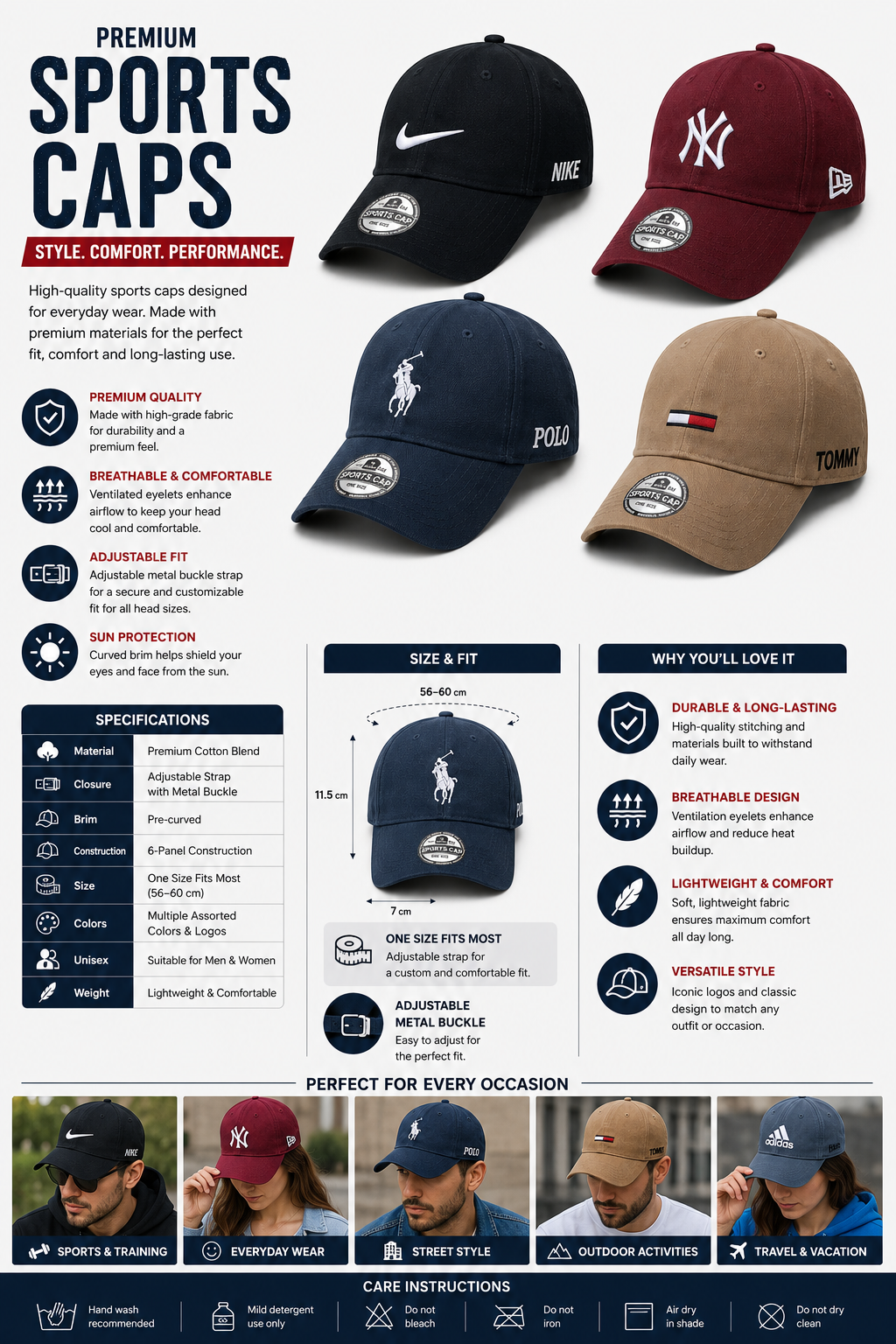 Premium Sports Cap for Men & Women 1 PEACE | Adjustable Baseball Cap with Curved Brim | Cotton Blend Casual Cap