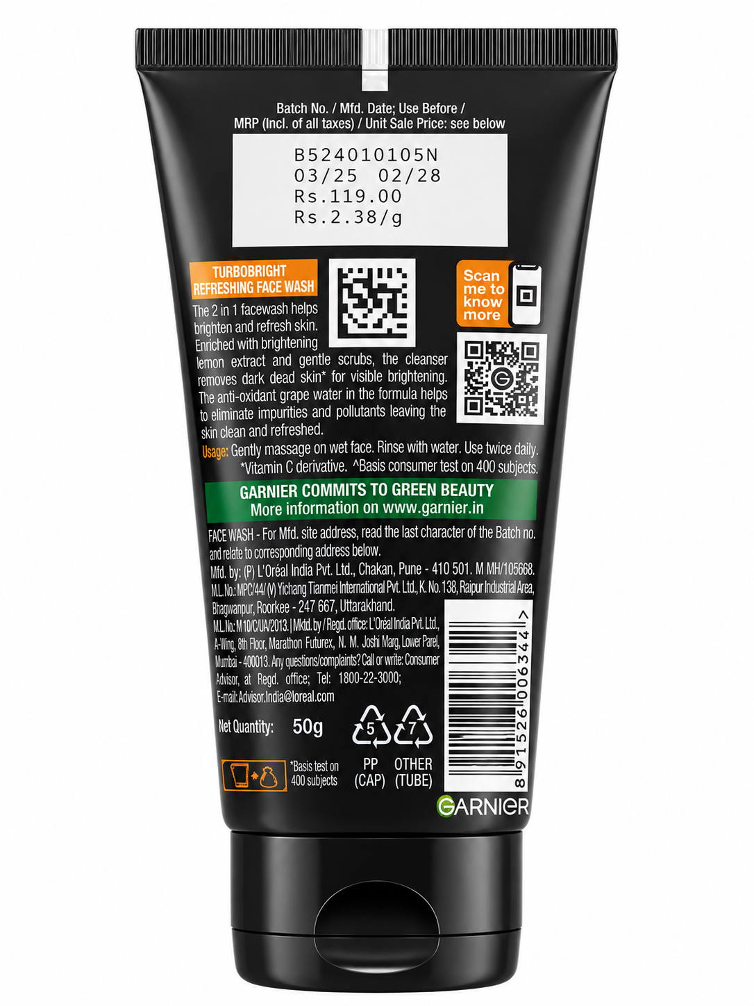 Garnier Men TurboBright Anti-Dullness Refreshing Face Wash with Lemon Extract & Grape Water, Deep Cleansing & Brightening Face Cleanser for Men, Paraben Free, 50g