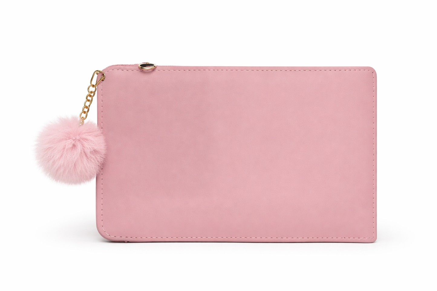 Pink Quilted Pouch for Women, Faux Leather Cosmetic Purse with Zipper Pocket, Pom Pom Charm