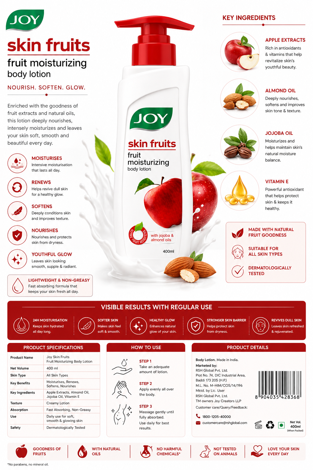 Joy Skin Fruits Fruit Moisturizing Body Lotion with Apple Extracts, Almond Oil, Jojoba Oil & Vitamin E | Deep Nourishment & 24-Hour Moisturization | Lightweight Non-Greasy Formula | 400ml