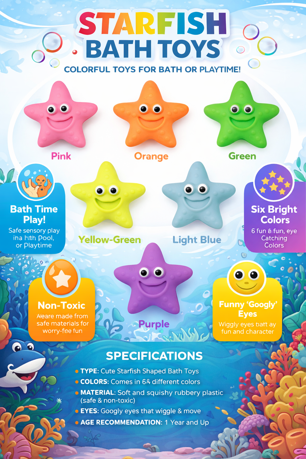 Starfish Bath Toys for Kids, Colorful Soft Rubber Bath Toy Set with Googly Eyes, Non-Toxic Water Play Toys for Toddlers and Babies