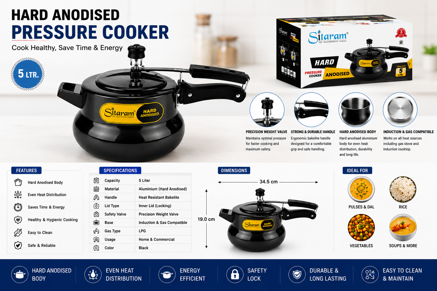 Sitaram Hard Anodised Pressure Cooker 5 Litre | Inner Lid Pressure Cooker | Induction & Gas Compatible | Hard Anodized Aluminium Cooker | Precision Weight Valve | Black
