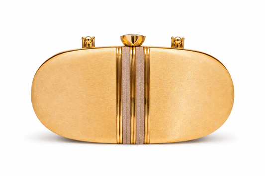 Oval Gold Evening Clutch for Women | Satin Party Handbag with Gold-Tone Handle, Sphere Clasp & Glitter Stripe Detail