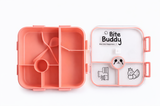 Bite Buddy Kids Lunch Box 900ml | Leakproof BPA-Free Tiffin Box with 3+1 Compartments & Spoon | Divided Lunch Box for School, Office & Travel | Cute & Durable Design