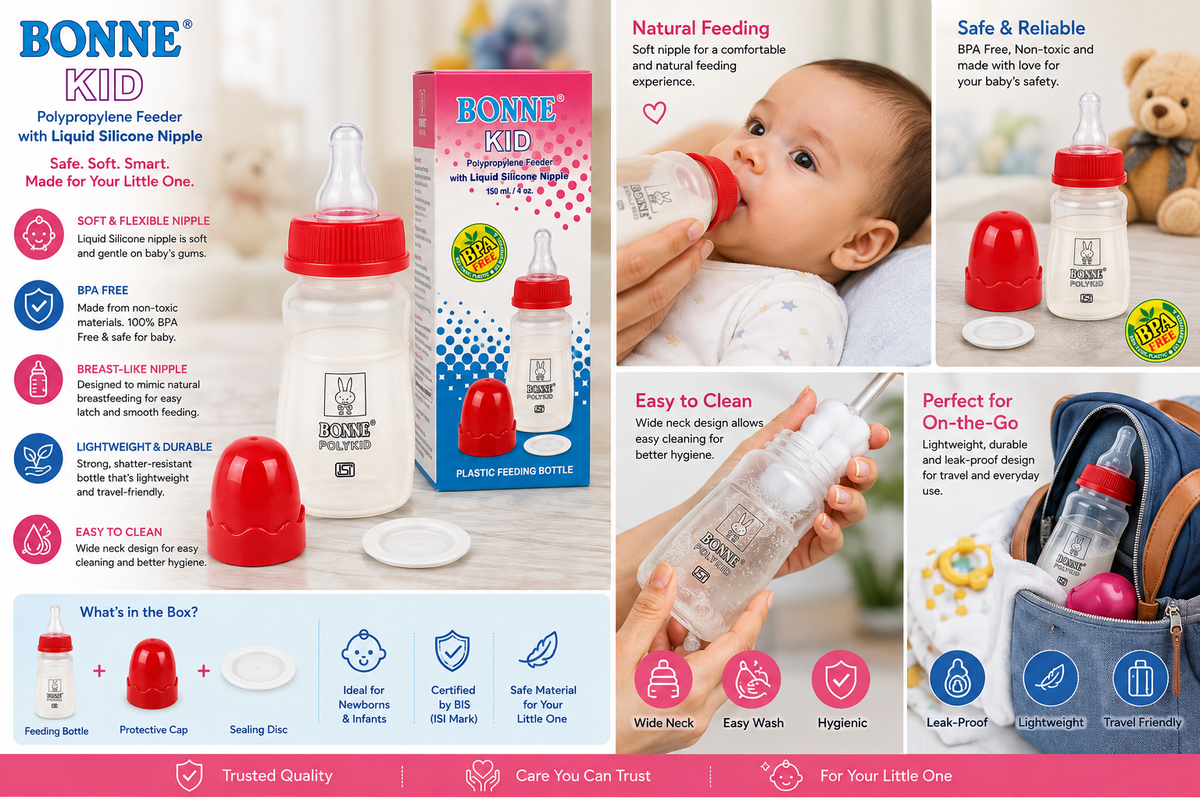 BONNE KID Polypropylene Feeding Bottle with Liquid Silicone Nipple, BPA Free & Non-Toxic Baby Feeder, Wide Neck, Lightweight & Durable, 150 ml / 4 oz, Newborn & Infant