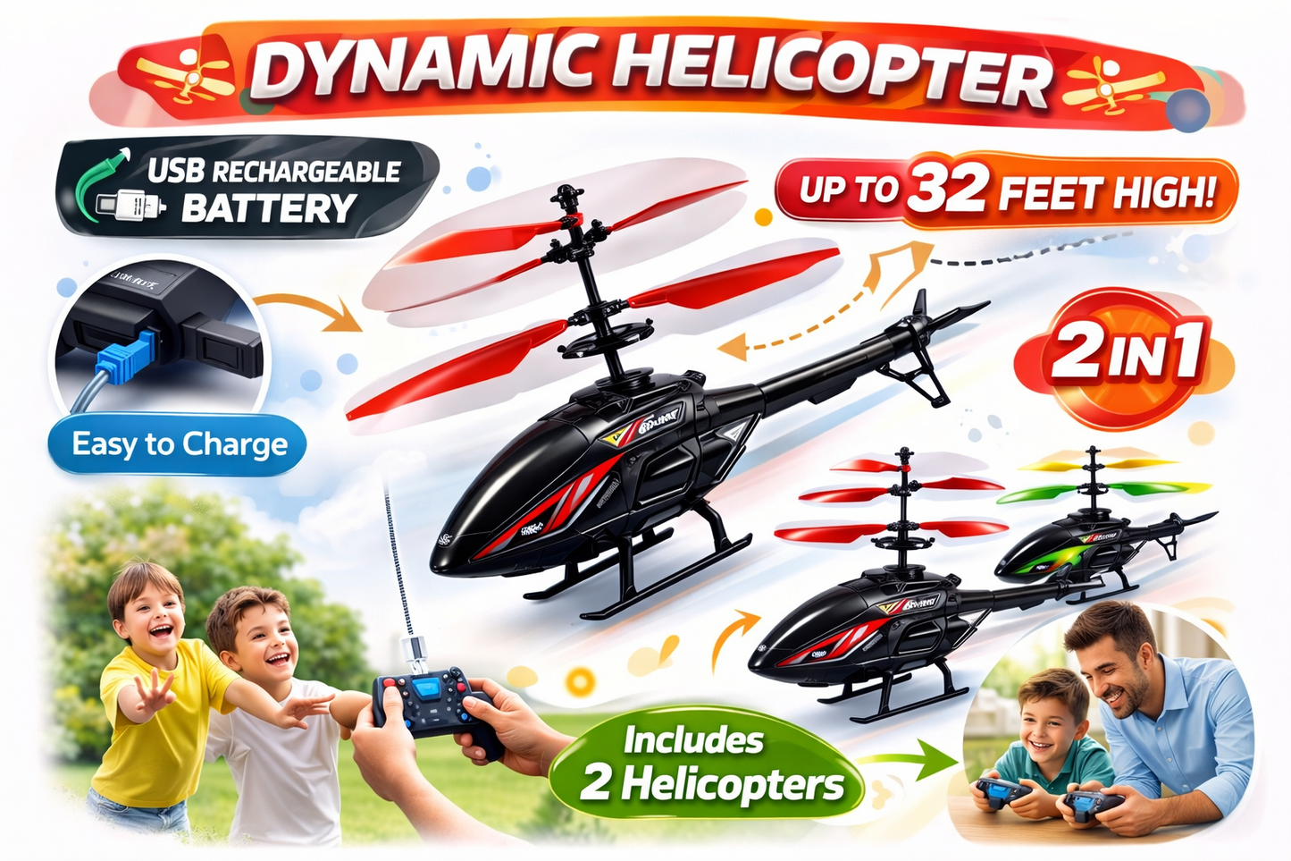 2-in-1 Remote Control Helicopter Toy for Kids | USB Rechargeable Flying Helicopter with LED Lights
