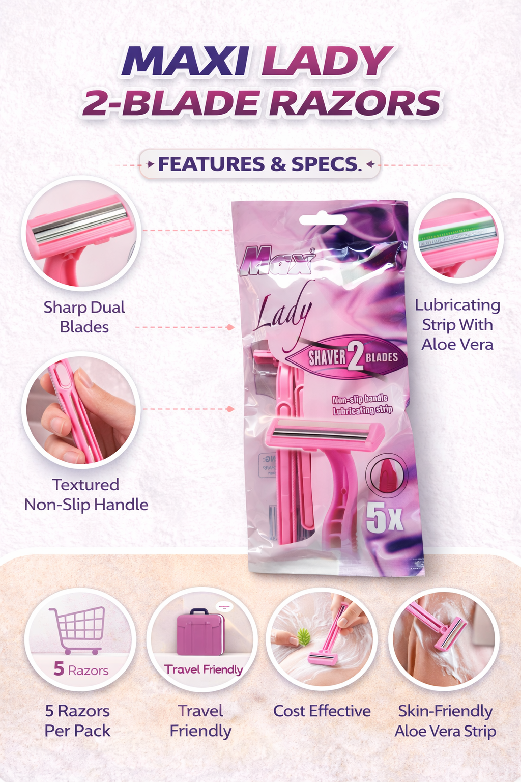 Maxi Lady 2-Blade Disposable Razors for Women | Dual Blade with Aloe Vera Strip
