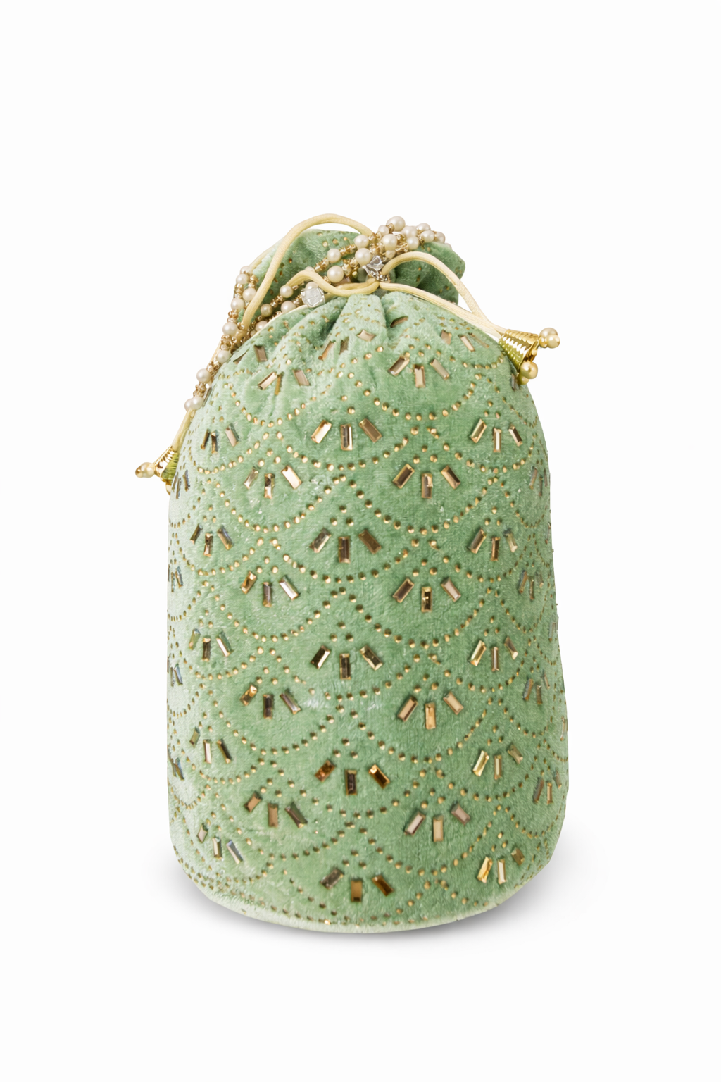 Mint Green Velvet Potli Bag for Women, Embroidered Drawstring Ethnic Clutch Purse with Pearl Tassels and Gold Beadwork