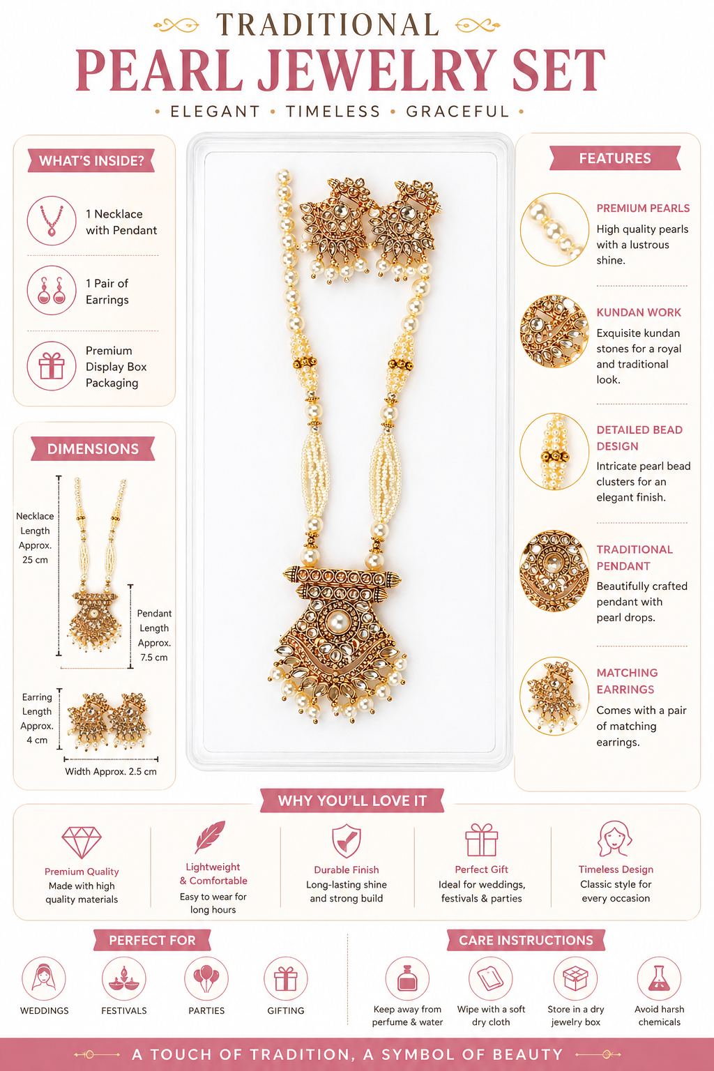 Harmal Store Traditional Pearl Jewelry Set – Elegant Kundan Work Necklace with Pendant and Matching Earrings for Weddings and Festivals