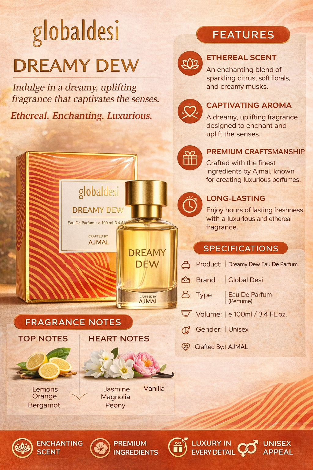 Global Desi Dreamy Dew Eau De Parfum for Women, Long-Lasting Citrus Floral Vanilla Perfume by Ajmal, 100ml