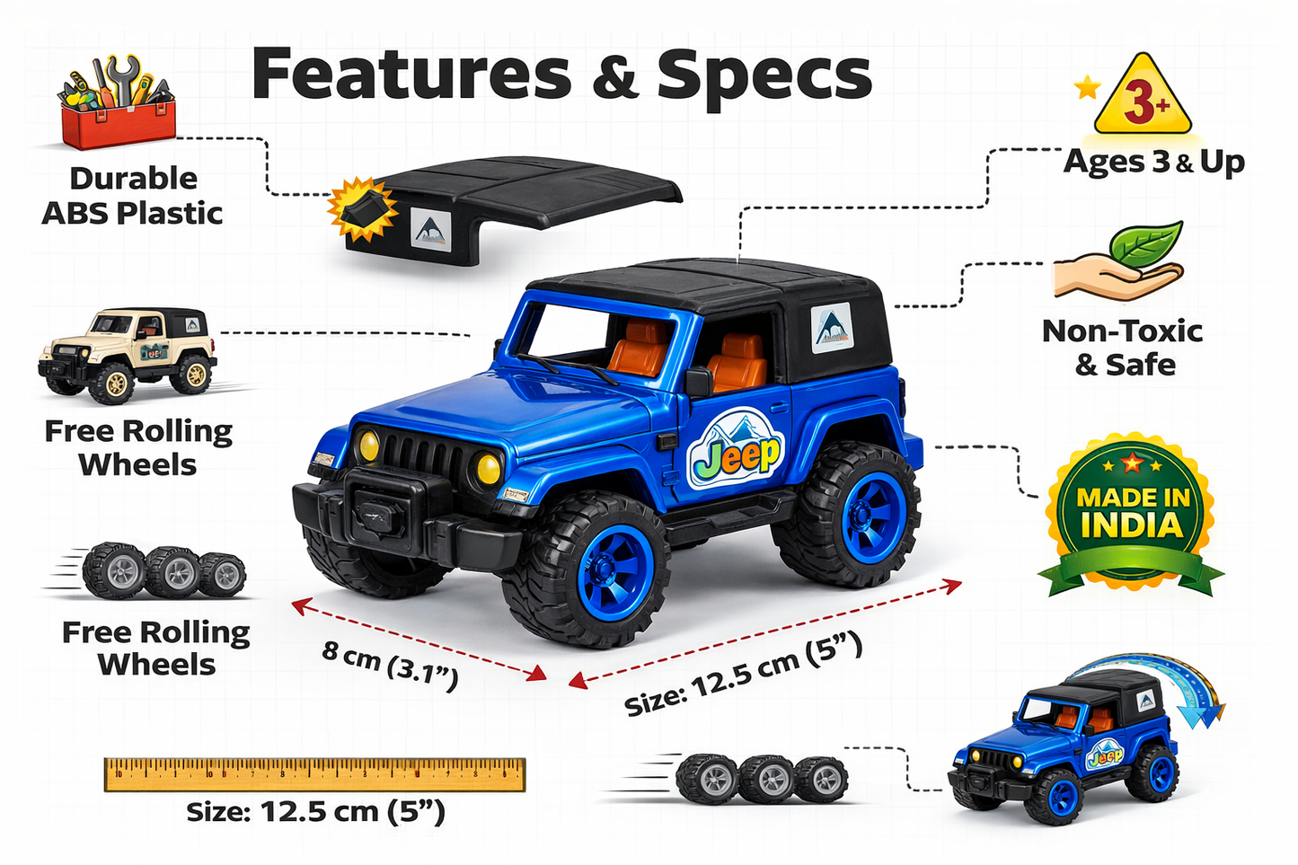 Mini Off-Road Toy Car for Kids | Pull Back / Free Rolling Jeep Style Vehicle | Durable ABS Plastic Car Toy for Boys & Girls (3+ Years)