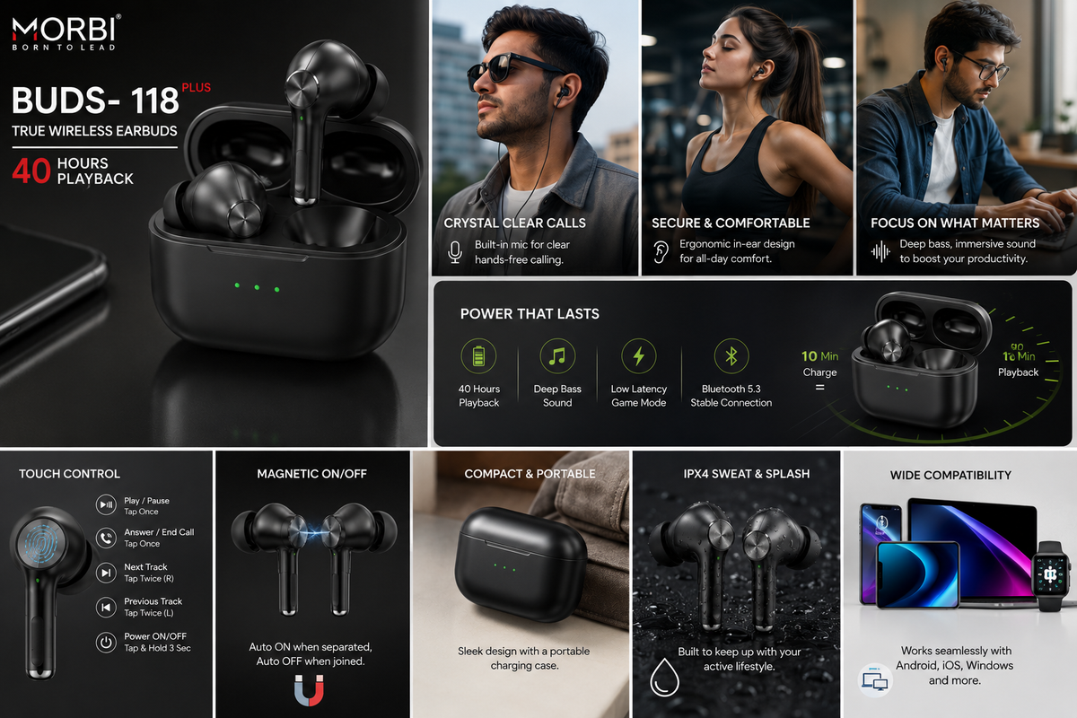 Redberry HPS-101 Hear Pod True Wireless Earbuds, Bluetooth 5.3, Up to 50 Hours Talk Time, Deep Bass Sound, ENC, Clear Calling, Touch Control, Type-C Charging, Auto Pairing, Lightweight Ergonomic Design, Black