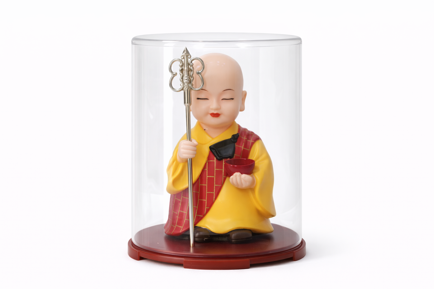 Buddhist Monk Figurine with Protective Dome | Feng Shui Monk Statue with Khakkhara Staff & Alms Bow