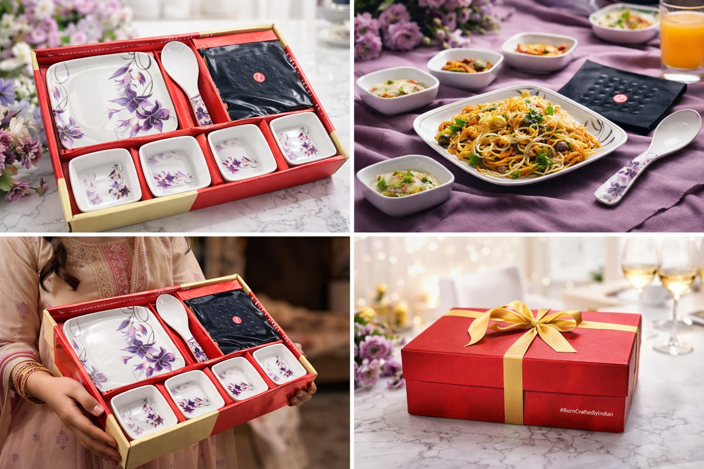 12 Piece Serving Set with Tray & Spoon | Floral Design Ceramic Bowls Set