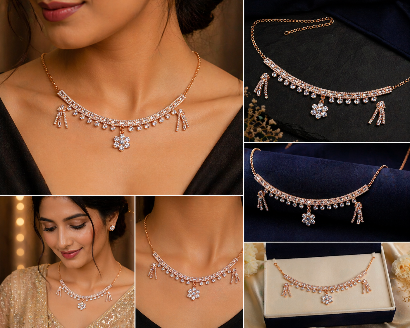 Harmal Store Elegant Rose Gold Jewelry Set – Premium Cubic Zirconia Floral Necklace with Matching Tassel Earrings for Weddings, Anniversaries, and Special Occasions