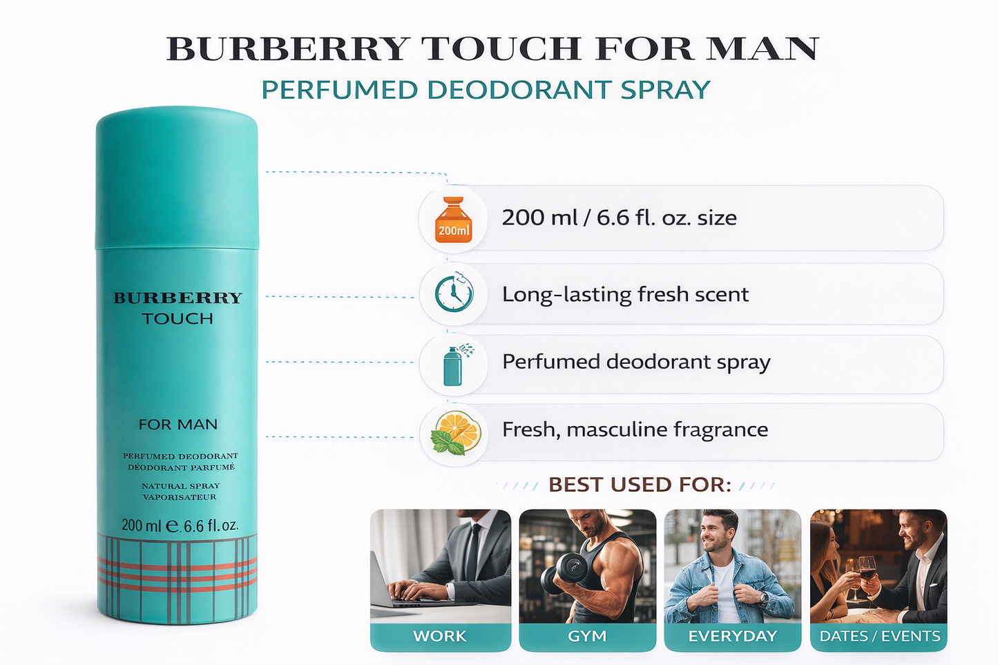 Burberry Touch For Man Deodorant Spray | Long-Lasting Perfumed Body Spray | Fresh Masculine Fragrance | 200 ml (6.6 fl oz)