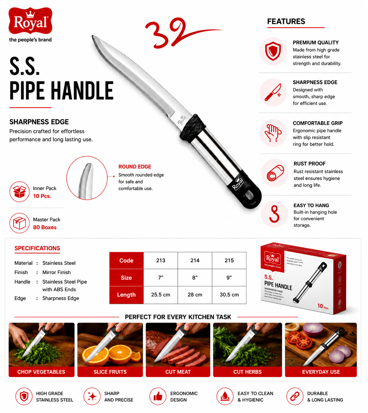 Royal Soft Grip Plain Utility Knife 8 Inch & 9 Inch |  | Multipurpose Knife for Vegetables, Fruits, Meat & Herbstainless Steel Sharp Kitchen Knife | Ergonomic Non-Slip Handle | Utility Knife for Meat, Vegetables, Fruits, Bread & Daily Kitchen Use